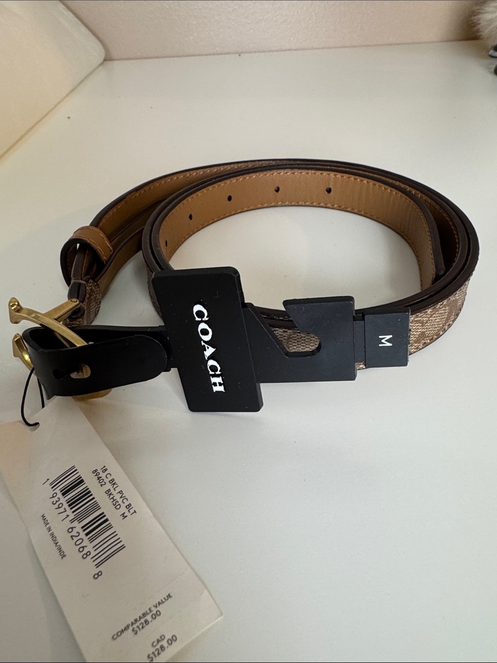 Coach Brown Signature Canvas Belt with Tan Leather Trim